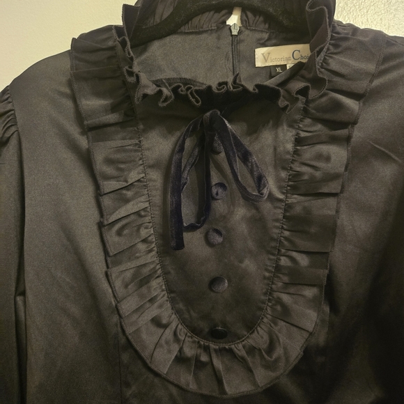 Victorian Choice Ruffled High Neck Black Satin Womens Blouse Top Sz XL Steampunk - Picture 3 of 5